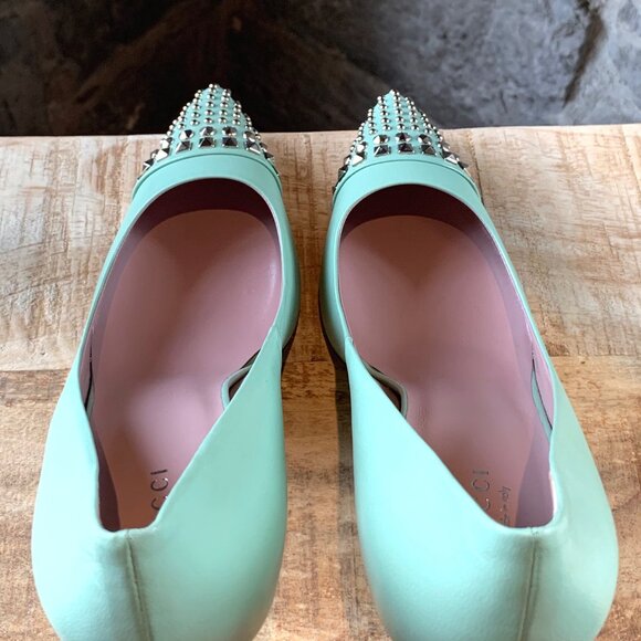 Gucci Seafoam Green Malaga Kid Studded Pumps - Picture 11 of 12